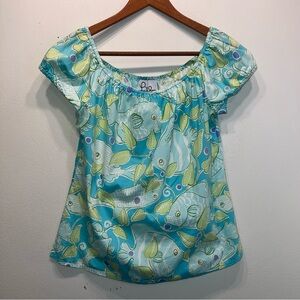 Lilly Pulitzer Green White Aqua Fish Print Top Shirt Blouse Sz M Cotton/Spandex